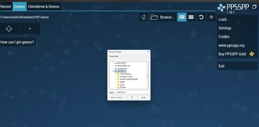 Choose Browse and locate your PSP game folder.